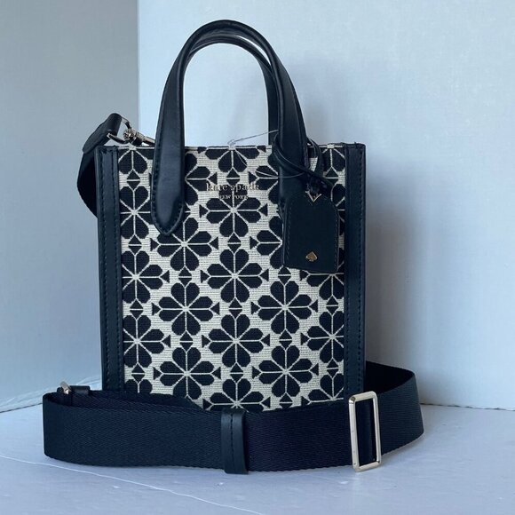 Kate Spade Flower Jacquard Manhattan Mini Tote Blue Leather Crossbody Bag - Picture 3 of 12
